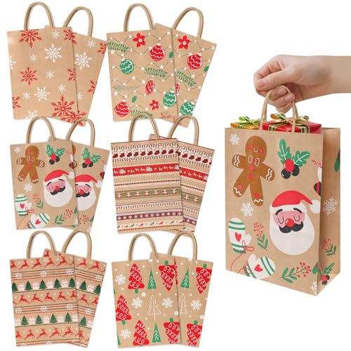 Behiruch Geschenktüten Weihnachten, 12 Stück Weihnachtstüten Papiertüten | mit Griff Personalisierte Weihnachtstüten, Weihnachts Kraft Geschenktüten für Partyzubehör, Geschenken (21 x 15 x 8 cm)