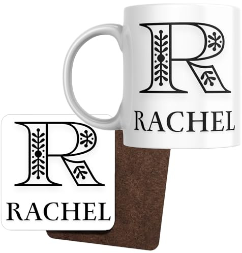 Designs of note! Rachel Personalised Initial Name Mug and Coaster Set | Personalised Letter R Coffee Mug and Coaster, Novelty Gift for Rachel