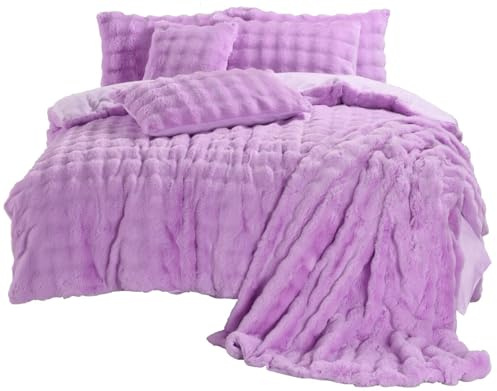 Soodie&Zuzu's Luxury Square Teddy Fleece Duvet Cover Set, Ultra Soft Thermal Bedding Winter Warm, Fluffy Comfort Set (King, Lilac)