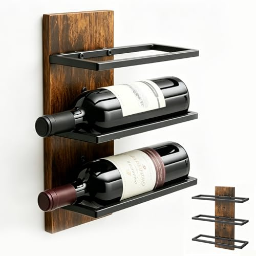 AXVRAV Weinregal Wand für 3 Weinflaschen, Flaschenhalter mit 3 Ebenen, Flaschenregal Metall Weinregal Bohlen Hängend Weinflaschenregale für Küche Bar Esszimmer Weinkeller (Schwarz)