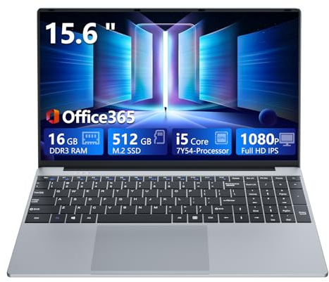 15,6 Pollici Notebook Core i5 7Y54 Processore, 16GB RAM 512GB SSD, Office 365 PC Portatile 1920*1080 FHD Schermo, Win11 Laptop Mini-HDMI USB3.0 Computer Portatile Tastiera Numerico Retroilluminata