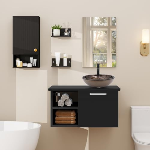 YU YUSING Ensemble de Meubles de Salle de Bain avec Lavabo Miroir et Meuble WC Suspendu, 2 Étagères Murale, Armoire Meuble de Rangement, Vasque à Poser en Verre, Ensemble de Robinets (Marron)