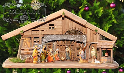 Große Weihnachtskrippe mit Zubehör, BTV 100 cm 1 m Breite Ausführung: massiv Vollholz Massivholz mit Krippenfiguren in Echtholz-Optik, mit Figuren, Stall Krippe Krippenstall Beleuchtung K100MF Kripp