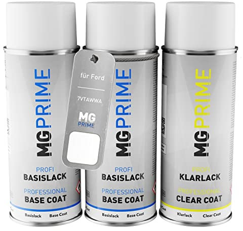 MG PRIME Autolack Sprühdosen Set für Ford 7VTAWWA / PN3GZ0 / A Frozen White/Frost Weiss Grundlack Basislack Klarlack Spraydose 400ml