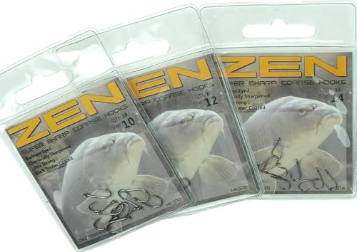 ZEN Tackle Barbless Eyed Coarse Fishing Hooks Sizes 10, 12, 14, 16, 18, & Hook Selection Pack (Size 18-5 Packs)