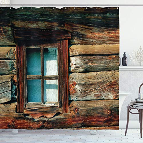 ABAKUHAUS Landschaft Duschvorhang, Holz-Muster-Fenster, Stoffliches Gewebe Badezimmerdekorationsset mit Haken, 175 x 200 cm, Brown und Blau