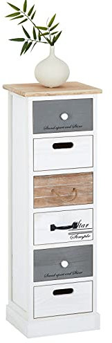 CARO-Möbel Kommode Salva aus leichtem Paulowinaholz, weiß - schmaler Schubladenschrank, Shabby Chic Standregal Aufbewahrungsregal im Vintage Look, 6 Schubladen