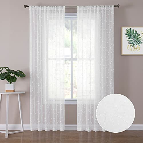 Tollpiz Durchsichtiger Vorhang mit weiße Blätter-Stickerei, Wohnzimmer, Stangentasche, Voile, Kunstleinen, bestickte Blättervorhang für Schlafzimmer, 137,2 x 241,3 cm lang, 2 Paneele