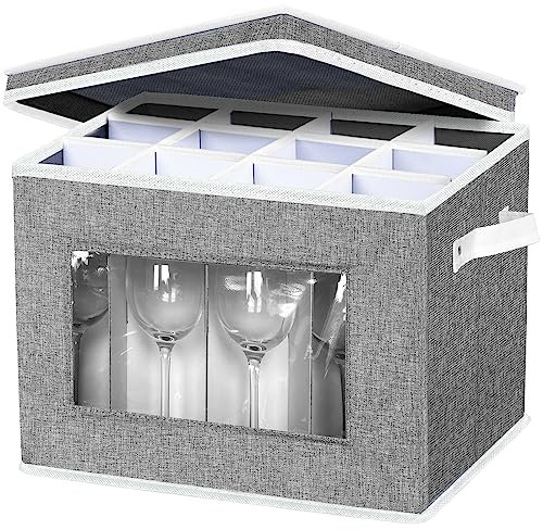 Stemware Storage Box with dividers, China Storage Containers Wine Glass Storage Containers with Lids and handles, Holds 12 Wine Glasses or Crystal Glassware (Grey)