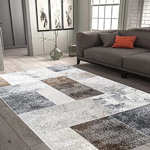 Carpetilla Designer Teppich Palmas Kariert in Marmor Optik Meliert Beige Kästchenmuster Grau Braun (120x170 cm)