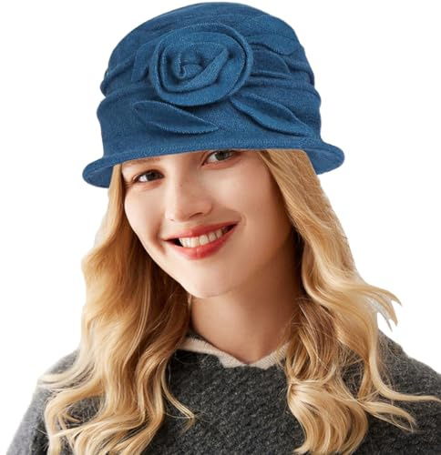 ITODA Wollmütze Winter Glockenhut Damen Wintermütze mit Blumen Eimerhut Elegant Retro Damenmütze Warm Weich Winterhut Herbst Fischermütze Winddicht Wollhut Fedora Elastisch Damenhut Outdoor Freizeit