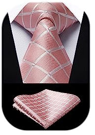 HISDERN Krawatte Rosa Herren Formelle Klassische Karierte Krawatten mit Einstecktuch Hochzeit Herrenkrawatte und Taschentuch Set für Männer