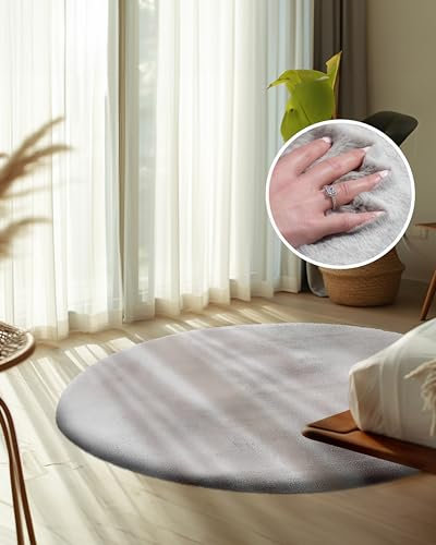 Qiyano Teppich Wanga Hochflor - Fellimitat, flauschig, weich, Soft, kuschelig, einfarbig, Pastell - Wohnzimmer, Schlafzimmer, Kinderzimmer, Büro - Farbe: Grau, Größe: Ø 160 cm RUND
