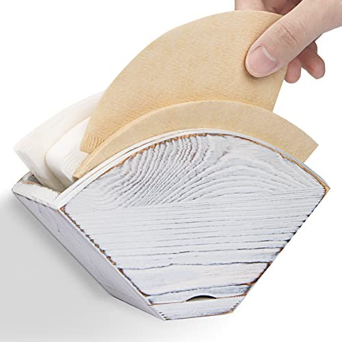 ANBOXIT Wandmontierter Kaffeefilterhalter, Landhausstil Weiß Kiefernholz Filtertütenhalter, Behälter für V60 Melitta Konische Filterpapier