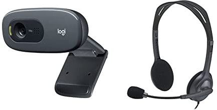 Logitech C270 Webcam HD, HD 720p/30fps, Videochiamate HD Widescreen, Correzione Automatica Luminosità, WebEx,PC/Mac/Tablet/Chromebook & H111 Cuffie Cablate per Computer, Smartphone/Tablet, Nero