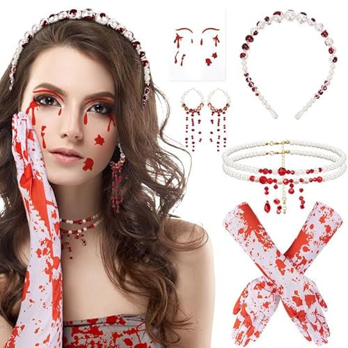 HOWAF Halloween Kostüm Damen, Halloween Haarreif Perlen Blut Halloween Haarschmuck Blutkette Blut Halskette Perlen Halloween Ohrringe Handschuhe Blut Tattoo Gesicht für Karneval Fasching Kostüm