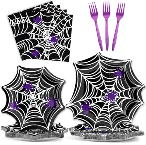 Halloween Party Plates Napkins Halloween Spider Web Party Tableware Black and White Spiderweb Dinnerware Spider Web Disposable Paper Plates for Halloween Masquerade Birthday Party Supplies 24 Guests