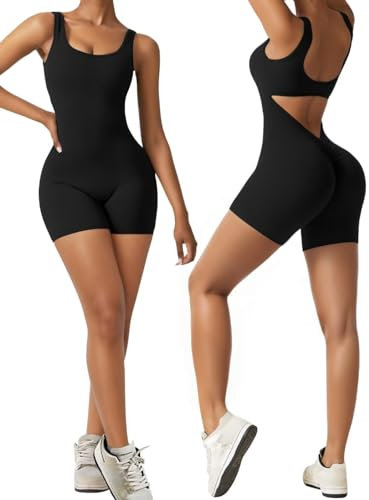 Vertvie Damen Jumpsuit Kurz Eng Scrunch Butt Bodysuit Sexy Rückenfrei Ärmellose Playsuit Stretch Sport Overall One Piece Ganzkörperanzug Romper Yoga Fitness Workout (Schwarz,L)