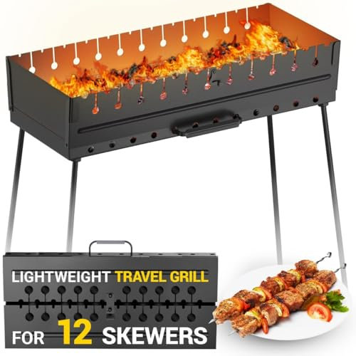 MHH Holzkohlegrill für 12 Spieße - Tragbare Barbecue Camp Grills - Mangal Schaschlik - Faltbarer Metall-Mangal - Kebab Shish - BBQ für EDC Picknick Outdoor Kochen Camping Wandern N12