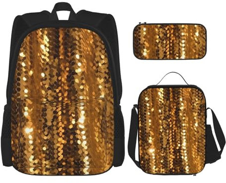 OUSIKA Gold Sequin Sparkle 3 Pcs Print Backpack Sets Casual Daypack with Lunch Box Pencil Case for Women Men