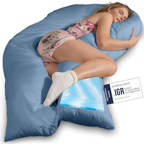 Traumreiter Visco XXL Seitenschläferkissen mit Bezug Baumwolle Taubenblau - Hybrid Kissen + 1cm Memory Foam - U förmiges Schwangerschaftskissen Gel Body Pillow Komfortkissen Ergonomie Zertifiziert