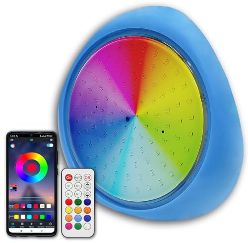 LED ATOMANT Luz piscina LED RGB 10W Impermeable IP68 Sumergible, Cable 8m, Con Adaptador Transformador Integrado con Mando a distancia control remoto y APP Bluetooth, Iluminación multicolor