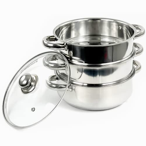 Crystals Stainless Steel 3 Tier Vegetable Steamer - Induction Hob Steamer Pot Set with Cool Handles - Ideal for Veg Dumpling Momo