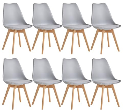 JZGORC 8er-Set Esszimmerstühle, nordische Küchenstühle, Bürostühle mit Beinen aus massiver Buche für Schlafzimmer, Wohnzimmer, Küche – Grau