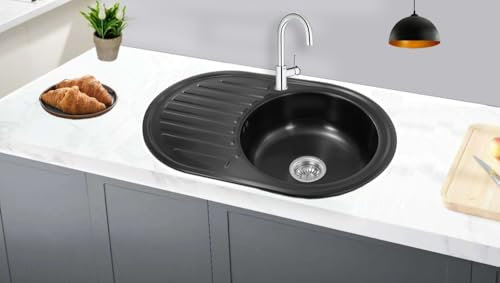 Omeere 77X50X18 Fregadero cocina negro empotrable de acero inoxidable 304, grosor de material de 0,8 mm, cuadrado, 1 lavabo ovalado;1 seno