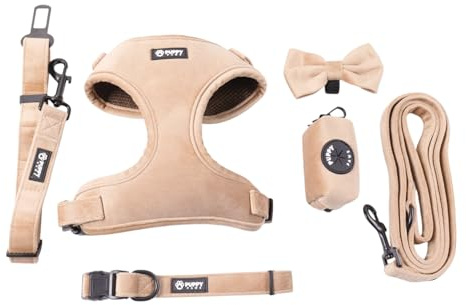 PUPPYPAWS™ Harnais Chien Kit 6 Pièces - Harnais Veste Ajustable, Laisse, Collier avec Nœud Papillon Détachable, Ceinture de Sécurité Voiture, Harnais Respirant, Distributeur de Sacs à Crottes (XXS)