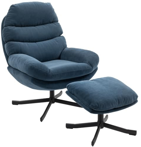 HOMCOM Relaxsessel mit Hocker Drehbar Sessel mit Breite Sitzfläche Blau | Loungesessel, Chenille-Optik, Polstersessel, Armlehnensessel, für Wohnzimmer, Schlafzimmer