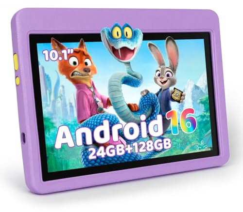 MUISOO Tablet para Niños 10 Pulgadas, Tablet Infantil Android 16 Cinco Núcleos, 24GB RAM 128GB ROM, Pantalla IPS HD 1280×800, Batería 6000mAh, Control Parental, WiFi 6 Bluetooth (Morado)
