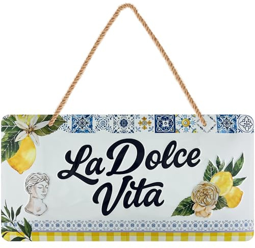 LANOLU retro Blechschild, La Dolce Vita Schild mit Jutekordel, Bar Deko Retro für Garten Balkon Küche, Cocktail Schild Partyraum, geprägt gestanzt, 16x32 cm