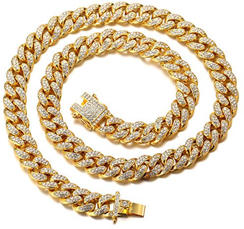 Halukakah Goldkette Herren Iced Out,18 Karat Echt Gold Vergoldete 14mm Männer Choker Kette,Goldenes,Miami Kubanische Panzerkette,45cm,Geschenk für Mann