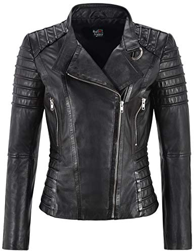 Carrie CH Hoxton Ladies Leather Jacket Biker Fashion Style Tops ZIpped Real Lambskin Leather Jacket 9393 (20 For Bust 100 CM, Black)