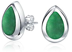 Einfache Halbedelstein-Tropfen Ohrringe in Birnenform aus grünem Achat, simuliertem Jade, in Fassung für Frauen, .925 Sterlingsilber.