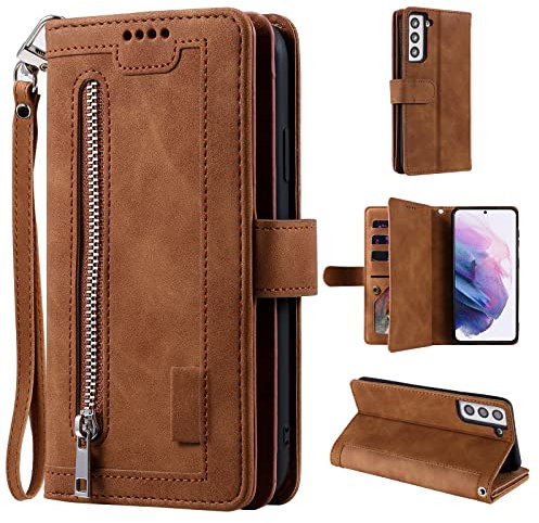 UEEBAI Coque pour Samsung Galaxy S21 Plus 5G, Etui en Cuir PU Portefeuille Rétro Antichoc Flip Case Anti-Choc Housse avec Fentes de Cartes Fonction Support, Fermeture Magnétique - Brun