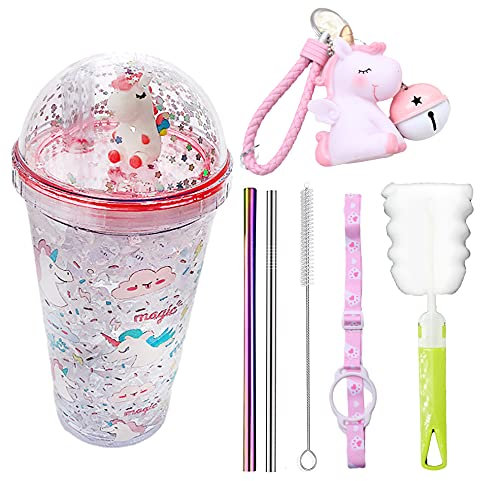 Einhorn Reisebecher mit Strohhalm Blau Trinkbecher mit Gurt Lila Unicon Party Tumbler Eisbecher für Picknick Party Geburtstag (weißes Einhorn Gel, 430ml)