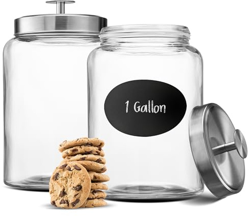KooK Glass Kitchen Canister Set, Food & Storage Containers for Pantry, Bathroom Apothecary Jars, Tinplate Airtight Lids, Counter Organizers (Extra Large, 1 G, Stainless Steel)