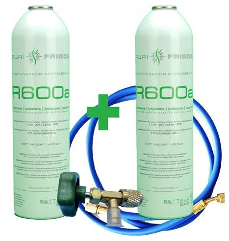 2x Envases R600a Isobutano | 840g Neto Total | Kit Completo Recarga Frigorífico y Congelador | Incluye Válvula y Manguera de Carga | Gas Refrigerante Ecológico