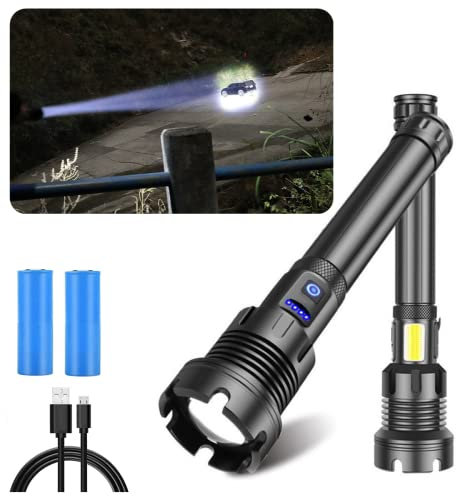 MUGUOY Lampes de poche tactiques rechargeables à LED 90000 lumens élevés, lampe de poche LED + COB la plus lumineuse XHP90,zoomable, étanche, 7 modes, pour le camping, les urgences
