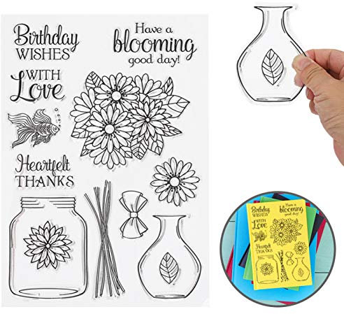 Cyrank Vase Clear Stamps, Sonnenblume Silikonstempel Vase Und Blumen Klare Stempel Für DIY Scrapbooking Dekor, Clear Stamp Set Für Kartenherstellung Dekoration Und Scrapbooking
