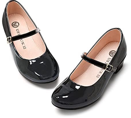 MIXIN Kids Children School Shoes Black Uniform Shoes for Girls with Low Block Heel Size 4