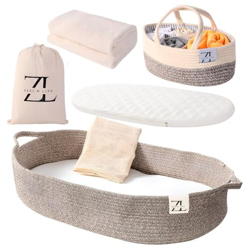 Baby Wickelkorb – Babykorb Wickeltischauflage und dicke Schaumstoffunterlage mit abnehmbarem Baumwollmatratzenbezug, 100% Baumwolle, Boho-Kinderzimmer-Dekor mit Aufbewahrungstasche (Baumwollseil)