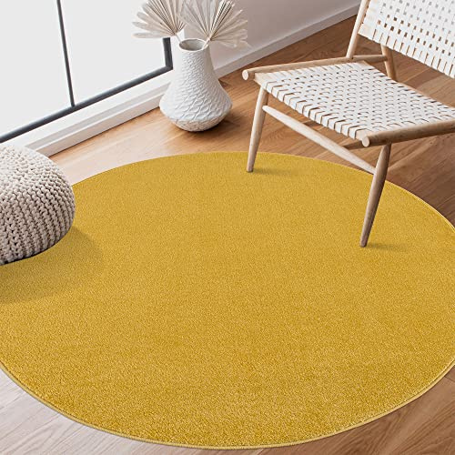 SANAT Kurzflor Teppich Wohnzimmer - Uni Modern Teppiche fürs Schlafzimmer, Arbeitszimmer, Büro, Flur, Kinderzimmer und Küche - Gelb, 80 cm Rund
