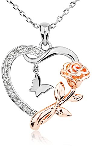 Alsanix Collier avec pendentif papillon rose en forme de cœur en argent sterling 925 plaqué or 14 carats, bijou d'anniversaire pour filles, Plaqué or, Strass