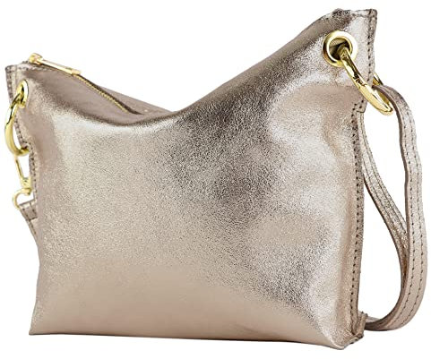 modamoda de - T243 - ital. Umhängetasche Klein Small aus Leder, Farbe:Altgold-Metallic