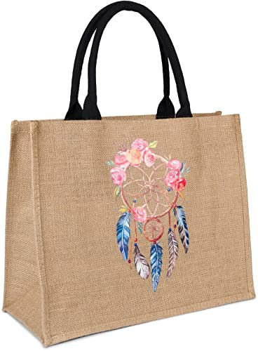 styleBREAKER Damen Leinen Henkeltasche mit Traumfänger Motiv Print, Baumwoll-Tragegriffen, Strandtasche, Einkaufstasche 02012393, Farbe:Braun