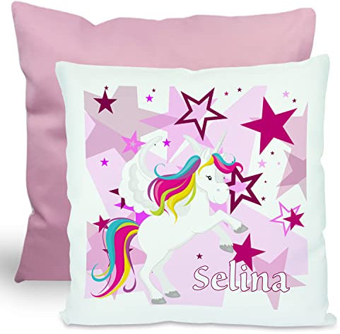 CreaDesign, Kinder Kissen 40x40 cm personalisiert mit Namen, Kinderzimmer Deko Kissen Kinder mit Füllung Federn, Motiv Einhorn Sterne rosa, Rückenfarbe Rosa