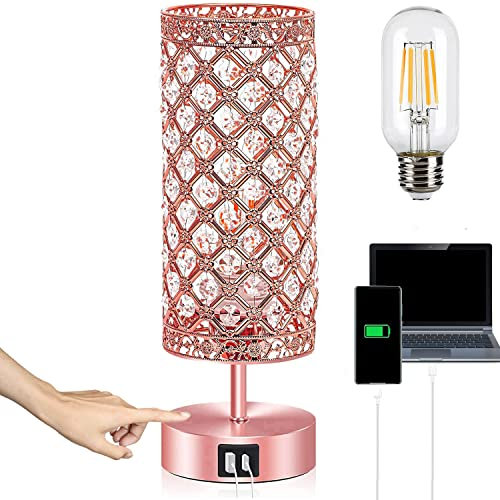 Brabola Rose Gold Desk Lamp, Pink Bedside Touch Table Lamp Women Bedroom Decor Girly Bling Lamps 2 USB Ports Nightstand Night Light with Bulb Included for Home, Office, Living Room